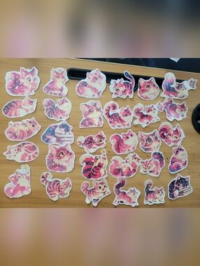 🌹New🌹Hand Crafted Holographic  Pink & Cream Cat Sticker Set